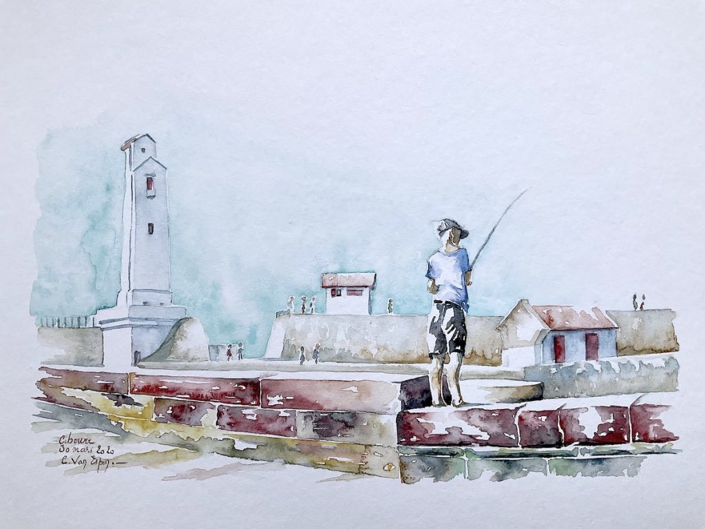 Aquarelles du Pays Basque : pêcheur à la ligne dans le port de Ciboure. En arrière plan, l'entrée du port de Saint-Jean-de-Luz et son phare caractéristique