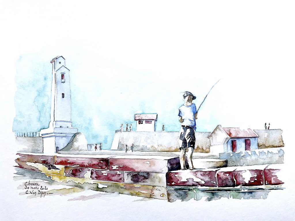 Aquarelles du Pays Basque, sur le port de Ciboure, un homme pêche à la ligne. En second plan, le phare de Saint-Jean-de-Luz.