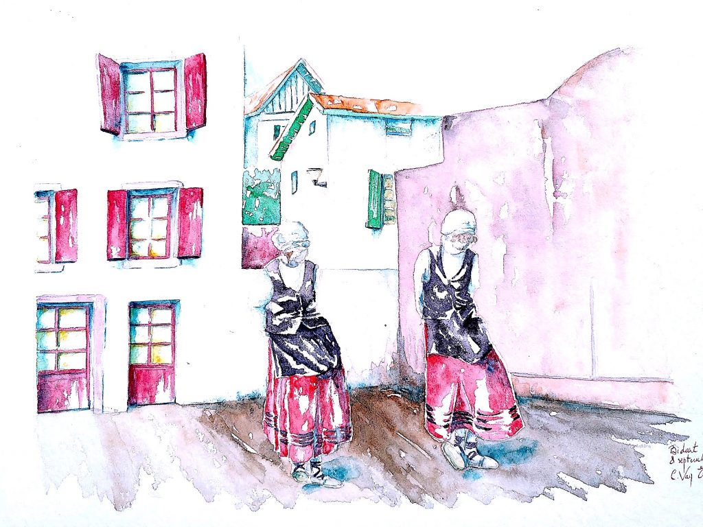 Aquarelles du Pays Basque, En costume traditionnel basque, deux femmes dansent. Elles sont devant le fronton (à droite) de Bidart.
