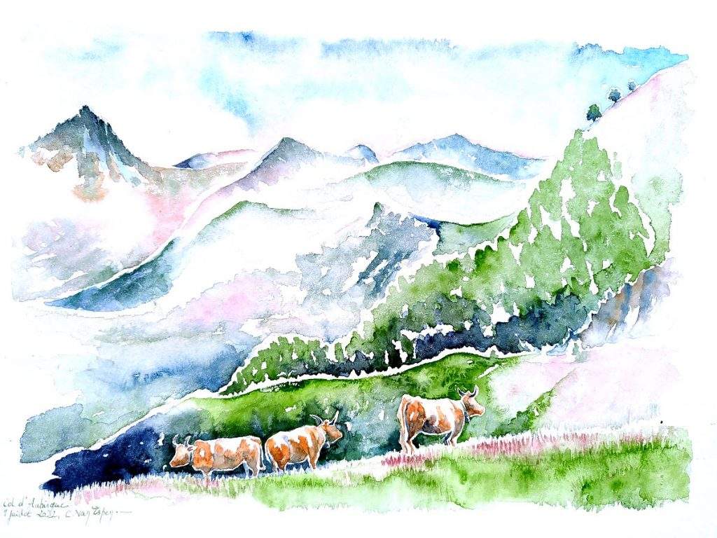Aquarelles du Béarn, trois vaches béarnaises sont sur une pente de profil, en face d'elles s'élève la montagne et ses différents reliefs