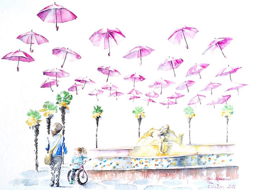 Aquarelles de Pau : place clémenceau de Pau, en plafond un tapis de parapluies roses couvrent en premier plan sur la gauche une silhouette féminine de dos, à son côté droit une fillette sur un vélo. En second plan, la statue "La source" de Paul Auban. En fond, des palmiers
