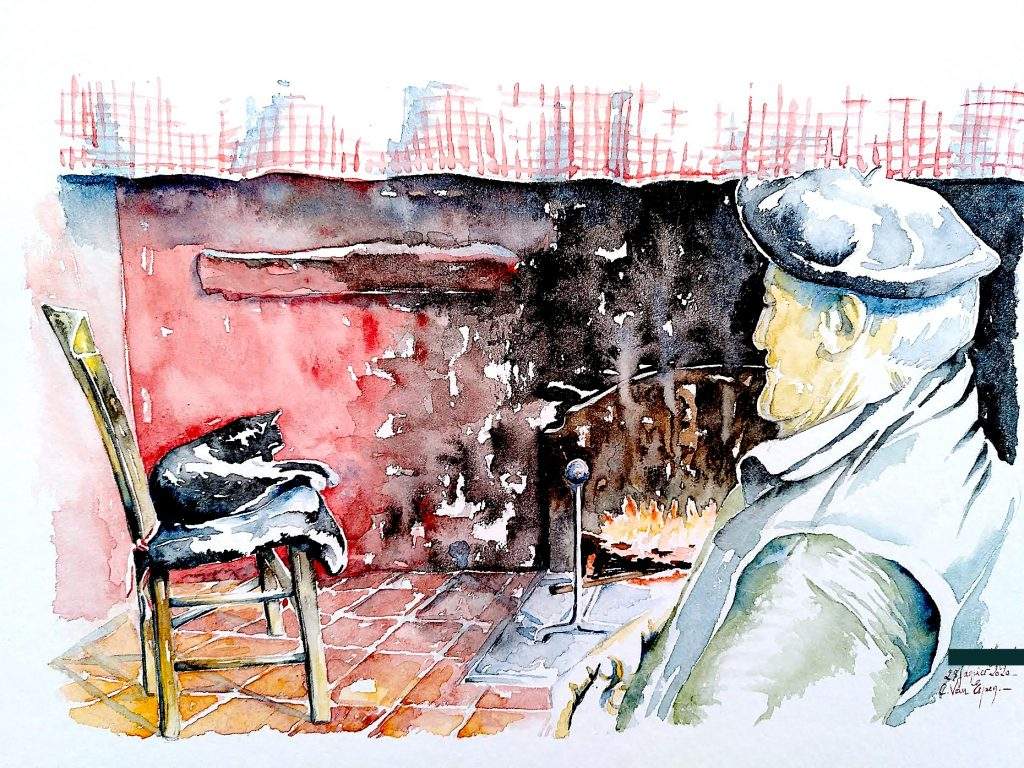 Aquarelles du Béarn : Atre cheminée béarnaise en activité. En premier plan sur la droite, un vieil homme orienté vers le foyer, il est de 3/4 et il porte un béret. Entre lui et le feu, sur la gauche, un chat noir et blanc roulé en boule dort sur une chaise.