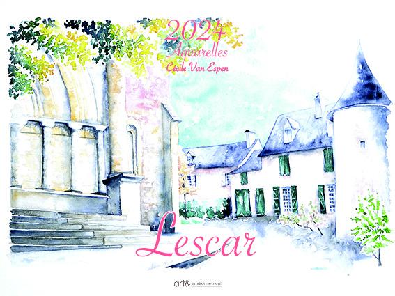 Carnets d'aquarelles, page de couverture du calendrier-chevalet Lescar 2024
