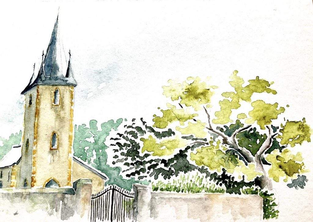Béarn en aquarelle : Peyrelongue-Abos, église du village