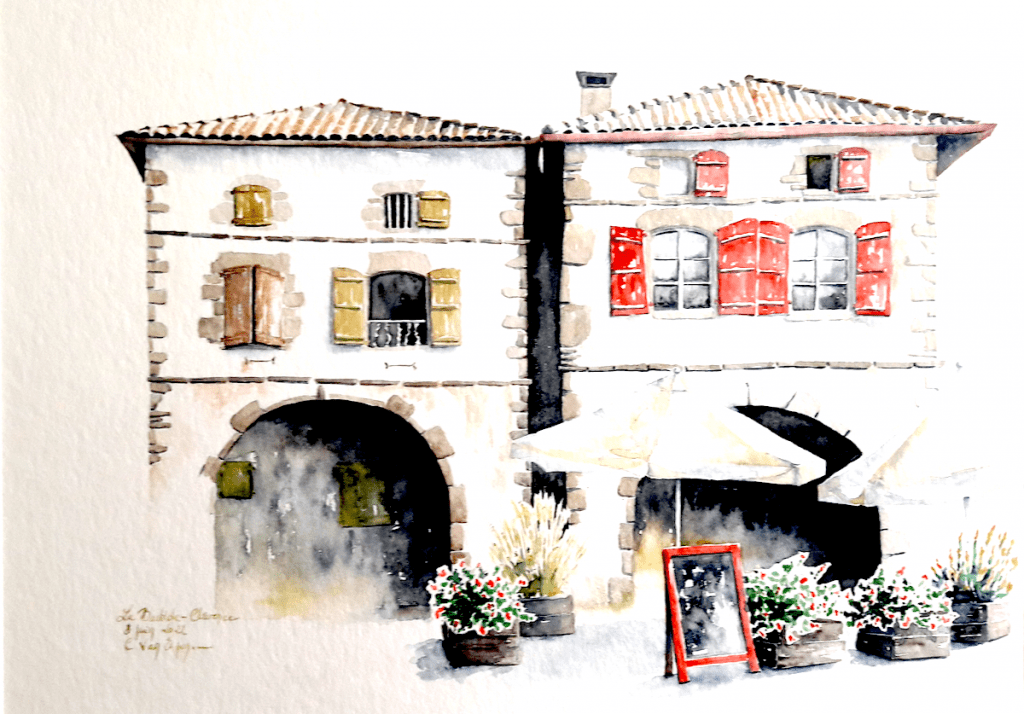 aquarelles du Pays Basque : maison de ville avec arcades à Labastide-Clairence