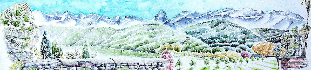 Chaîne des Pyrénées, Printemps 2024, aquarelle in situ des remparts de Lescar, par Cécile Van Espen