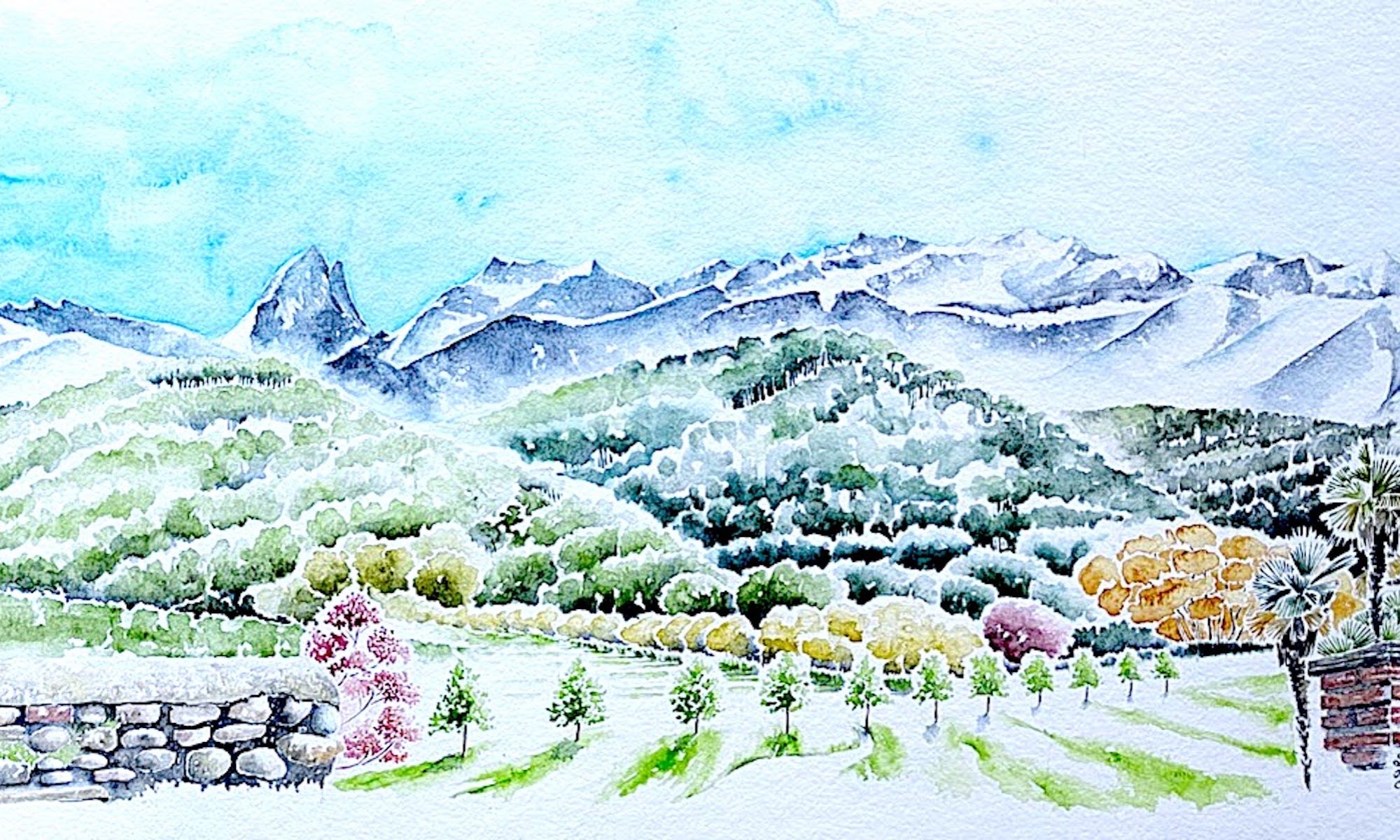 Chaîne des Pyrénées (détail), Printemps 2024, aquarelle in situ des remparts de Lescar, par Cécile Van Espen