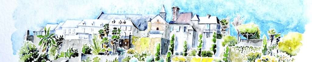 Lescar 2025, la cité, Lescar (64 - France), aquarelle in situ par Cécile Van Espen, posée sur papier Hahnemuhle 425 et au format 29,5 x 40 cm. 4 octobre 2023