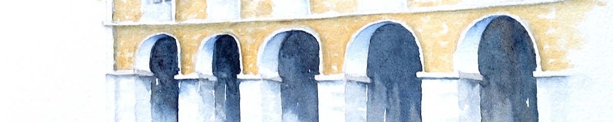 Stage aquarelle en Béarn, Bedous, arcades de l'hôtel de ville, Vallée d'Aspe (64 - France), aquarelle in situ de Cécile Van Espen, 28 janvier 2025