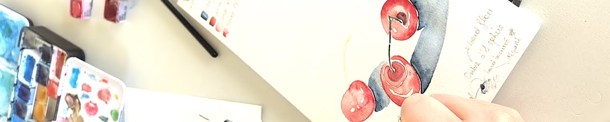 Atelier aquarelle en salle à Lescar, aquarelle d'après nature, le sujet du jour : le rouge et les cerises, photo Cécile Van Espen