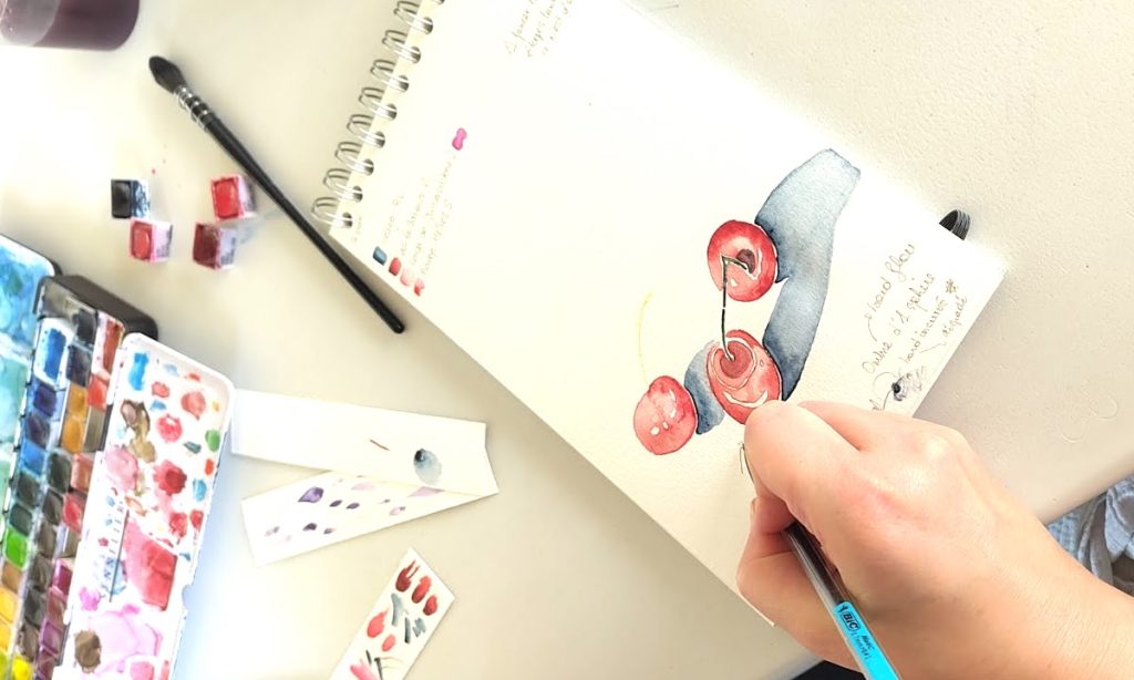 Atelier aquarelle en salle à Lescar, aquarelle d'après nature, le sujet du jour : le rouge et les cerises