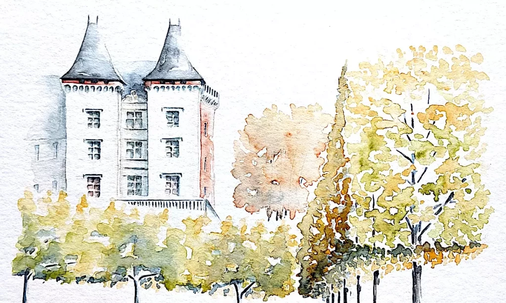 Chateau de Pau peint à l'aquarelle depuis parc, Basse Plante, à l'automne, les arbres ont des couleurs or. Ils sont posés en premier plan. Derrière, les deux tours de la façade ouest et par le jeu de la perspective, sur la droite on voit la tour de brique rouges.