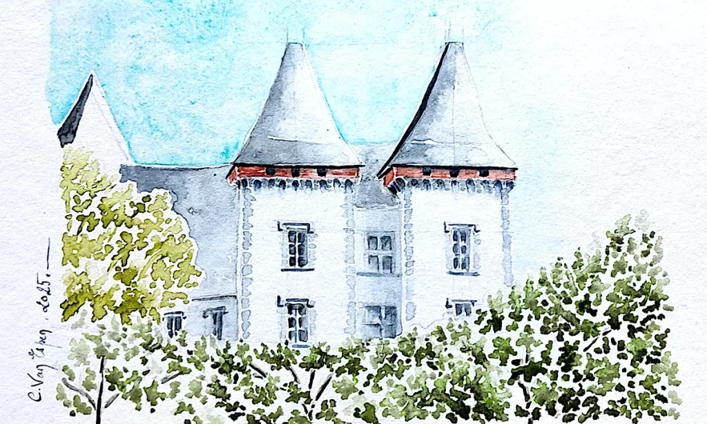 Aquarelle du château de Pau peinte depuis le parc, Basse Plante. Derrière un rideau d'arbres, apparaissent les deux tours de la façade ouest.