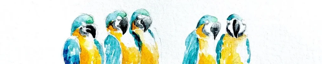 Exotic Park : des aras alignés sur une branche, aquarelle Cécile Van Espen, 2025