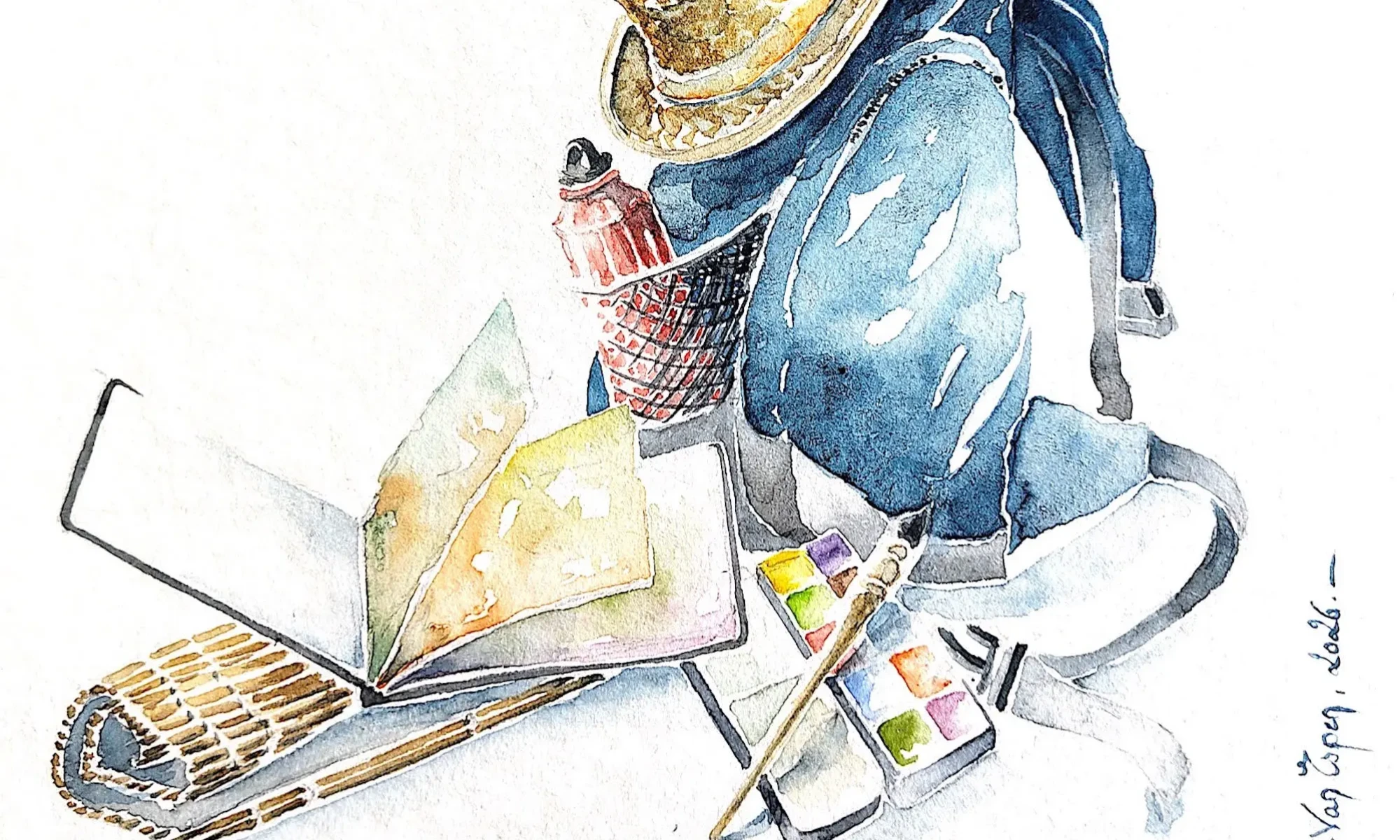 Peint à l'aquarelle, un sac à dos bleu indigo.Devant, posés au sol le matériel d'aquarelliste (pinceau sur une palette à droite, carnet de peinture sur la trousse de pinceaux à gauche). Sur le sac, un chapeau de paille.
